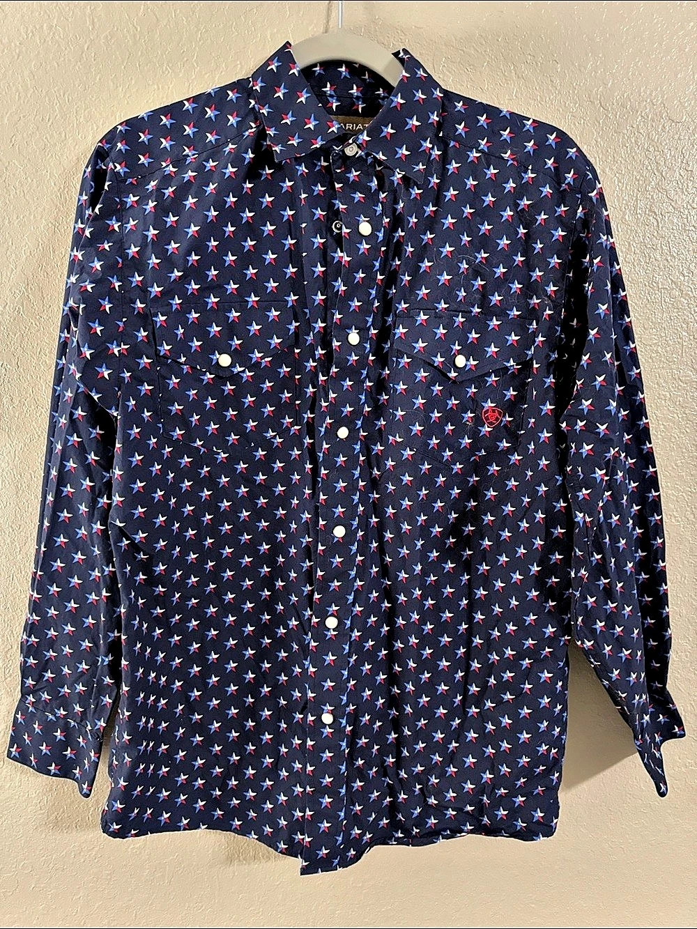 Ariat Texas Flag Star Western Snap Shirt Men'Small Blue & Red Small